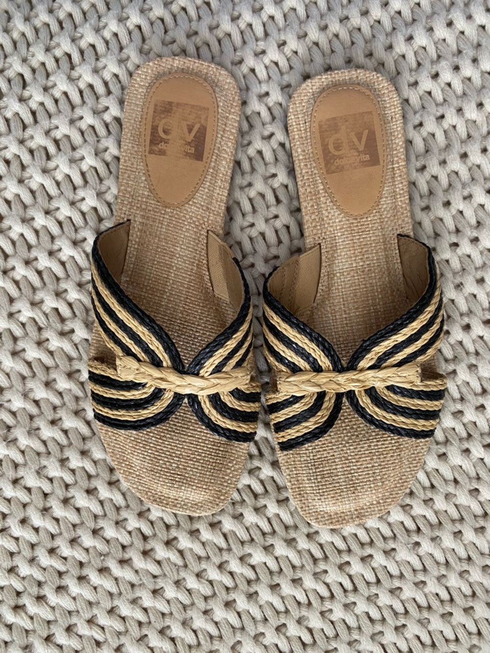 Natural Straw Slide Sandals with Black Trim